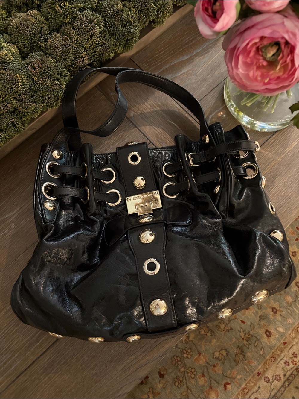 Jimmy Choo Black Leather Shoulder Bag with Gold Hardware